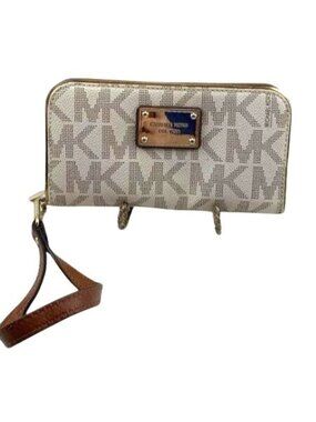 Michael Kors Vanilla Gold Tone MK‎ Logo Print Wristlet Wallet